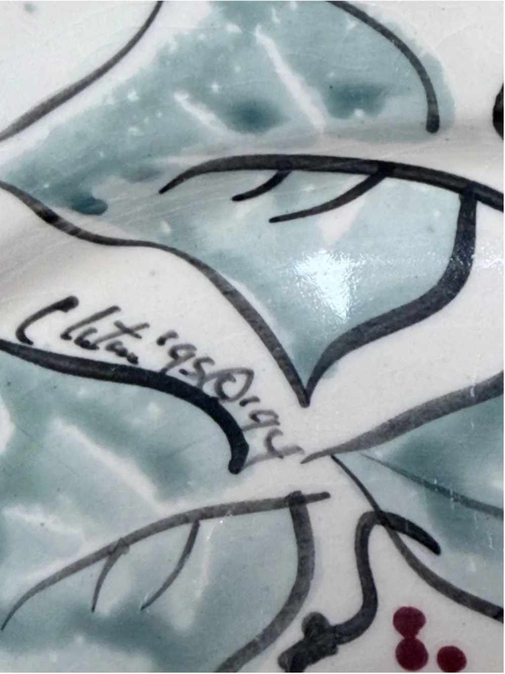 Vintage Ellis Pottery Holly Plate Texas Handmade Stoneware Hand-Painted Pottery